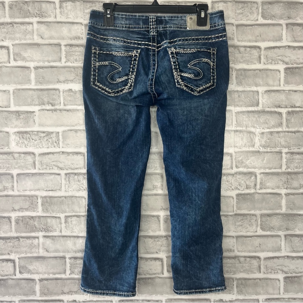 Silver Suki Capri Dark Modern Style Stretch Heavy Stitching Cropped Fluid Denim